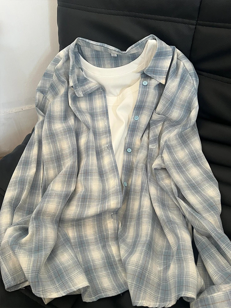 

Blue Plaid Lazy Sle Women's Summer New Loose Sun Protection irt Outerwear Casual Layering Top Collar Long Sve