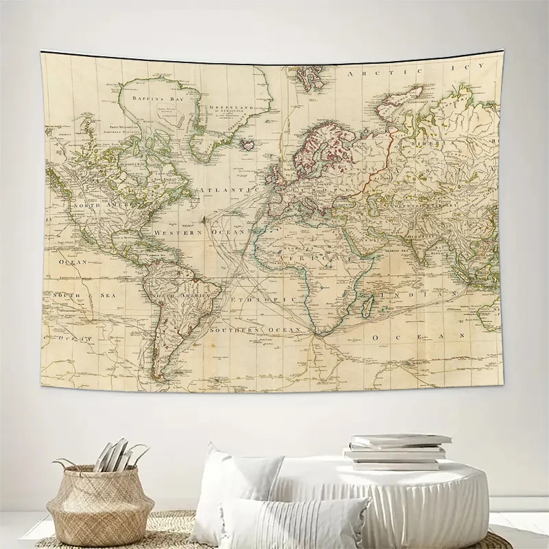 Vintage World Map Tapestry Ancient Europe Asia Wall Hanging Decor Room Aesthetic Travel Theme Home Textile Art #2