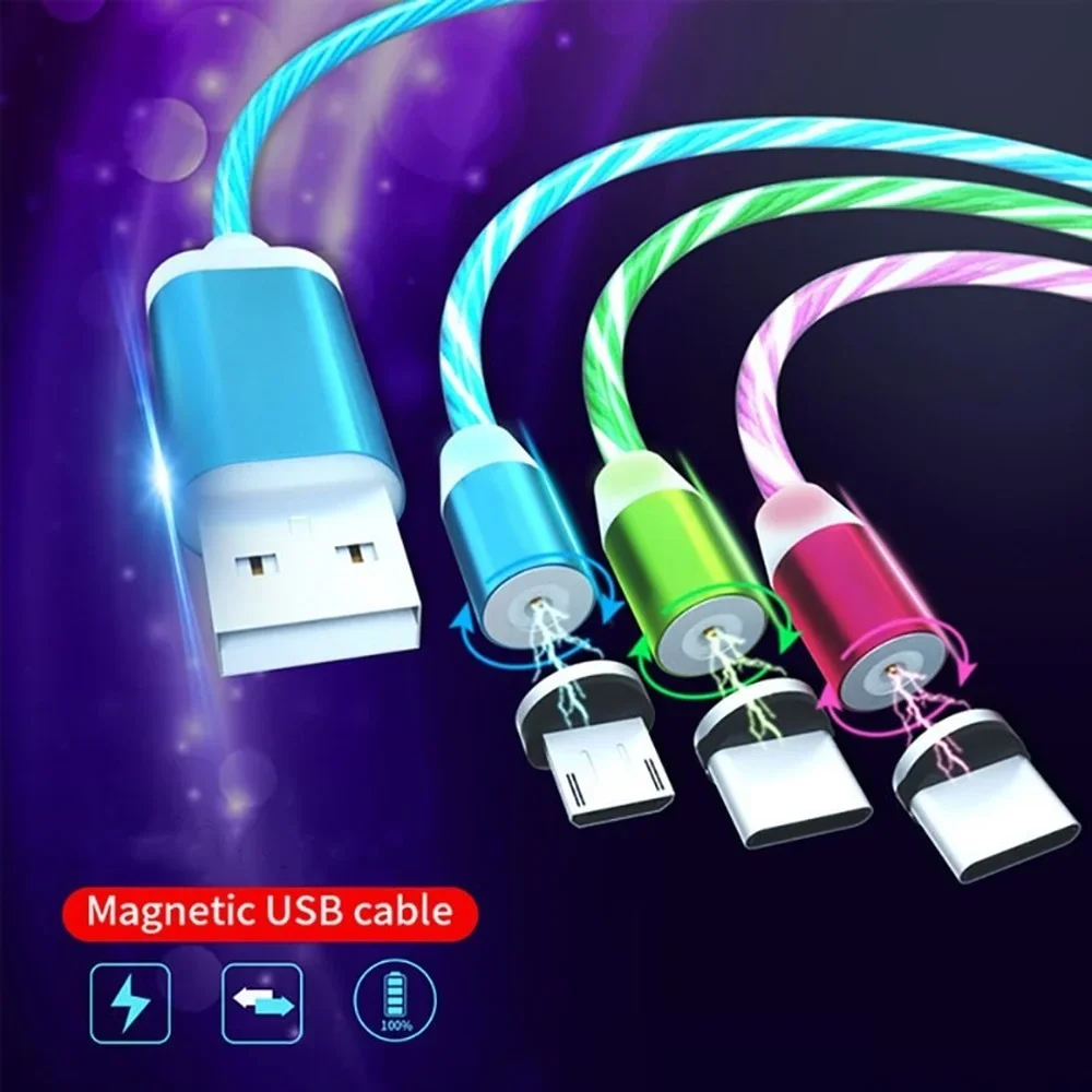 MVQF Magnetic Current Luminous Lighting Charging Mobile Phone Cable cle usb c cable for Samsung LED Micro USB Type C for Iphone