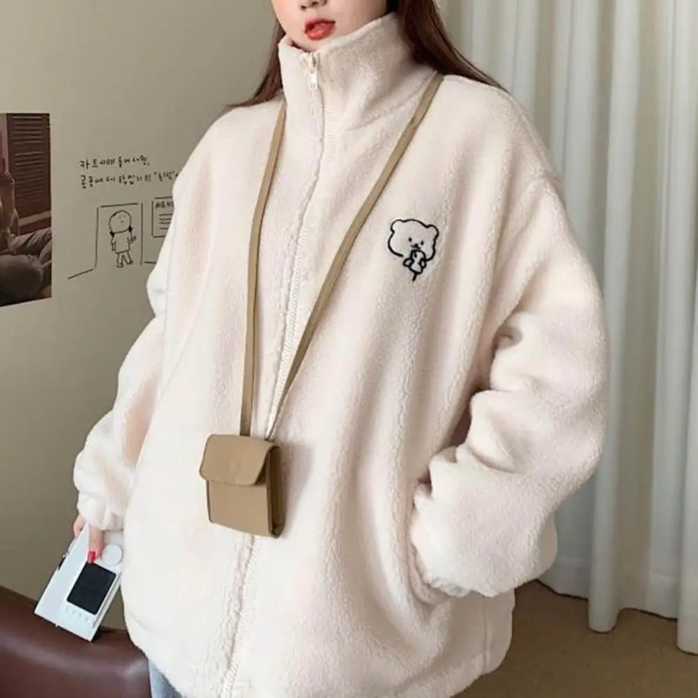 Imitation Lambswool Jacket Zipper Placket Sweatshirt Coat Thickened Plush Winter Jacket with Cartoon Bear Pattern Cozy for Women