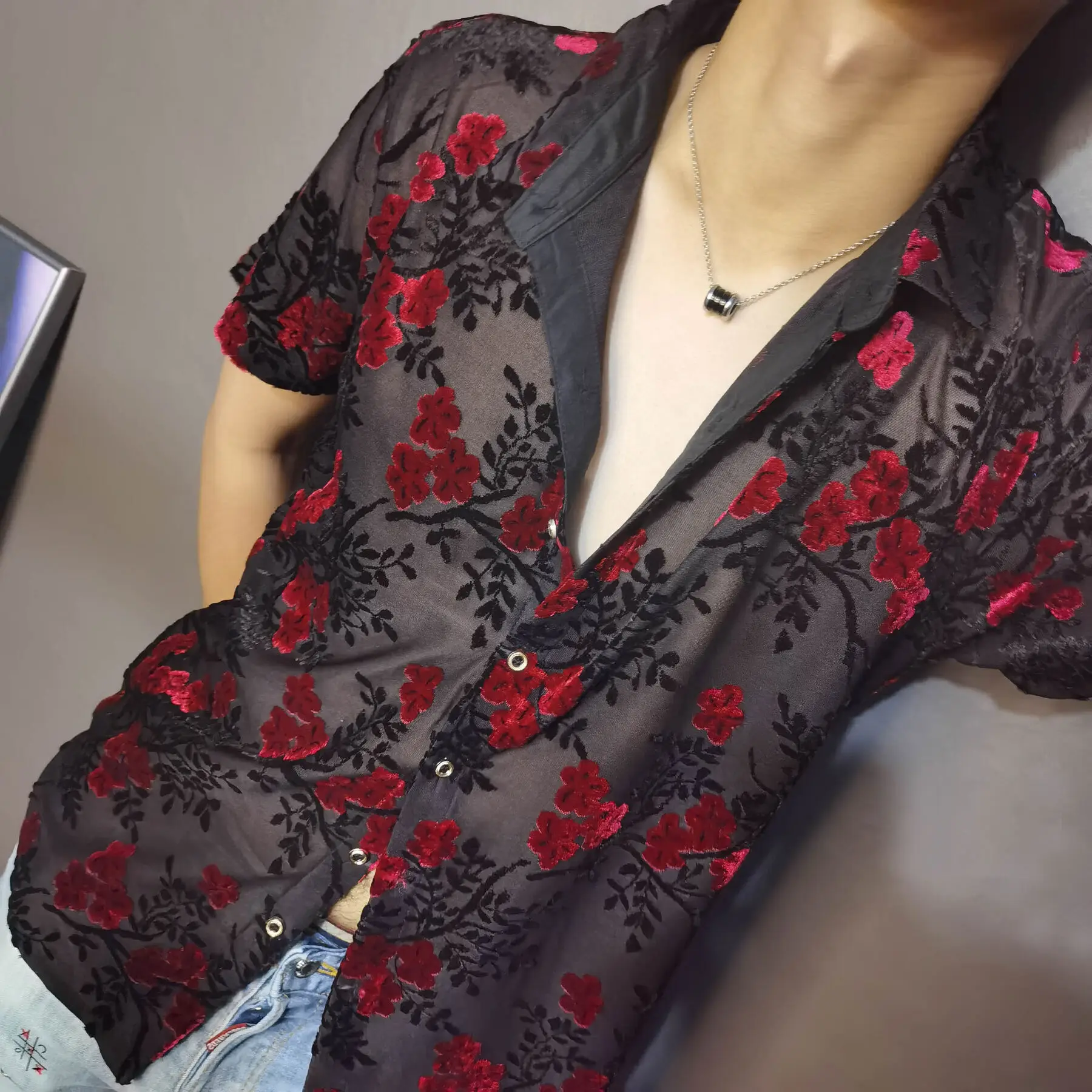 Embroidery Shirt Trendy Transparent Blue Floral Shirt Men Sexy Velvet Shirt Men Short Sleeve Clothing See Through Social Club