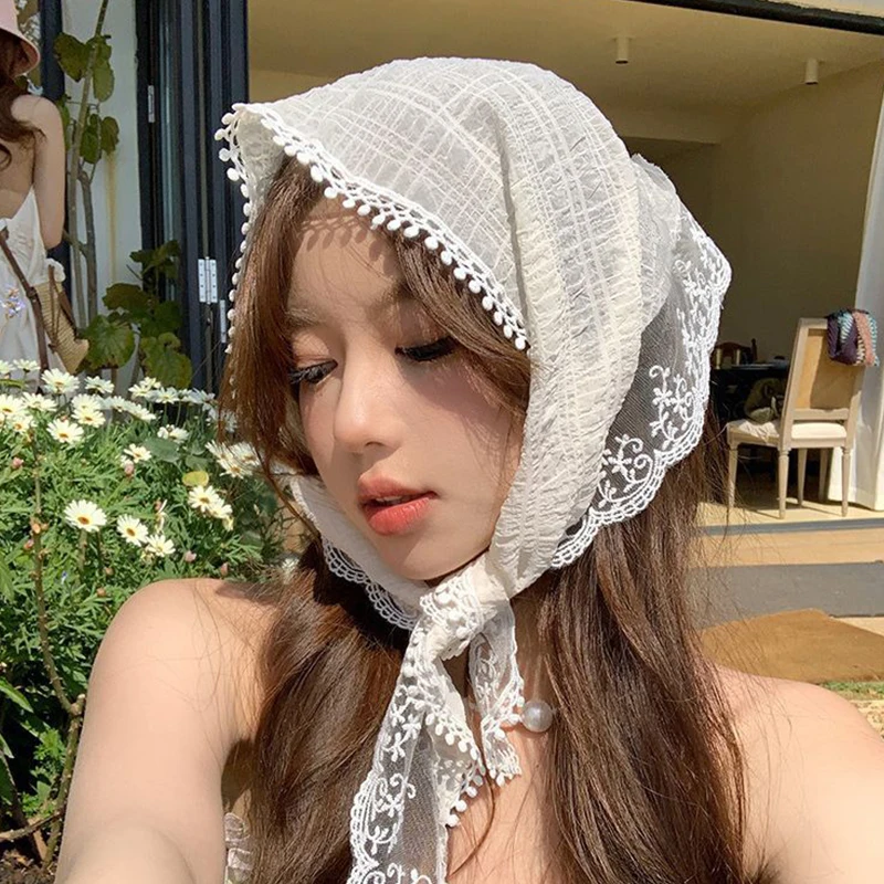 Coreano Ins Lace Cachecol de Cabelo para Mulheres, Triângulo Hair Band Strap, Saco Headscarf, Chapéu, Lenço Foto Viagem, Headband Acessórios