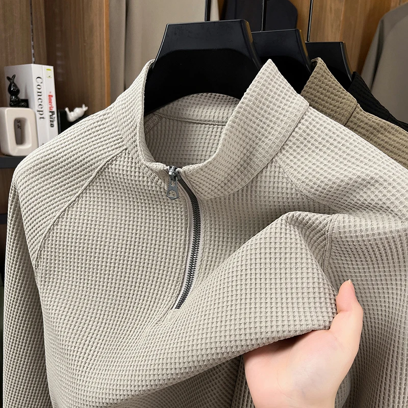 Mens Knitted Sweater Long Sleeve Stand Collar Halfzip Textured Pullover Autumn Winter Fashion Casual Classic Versatile Mens Wear