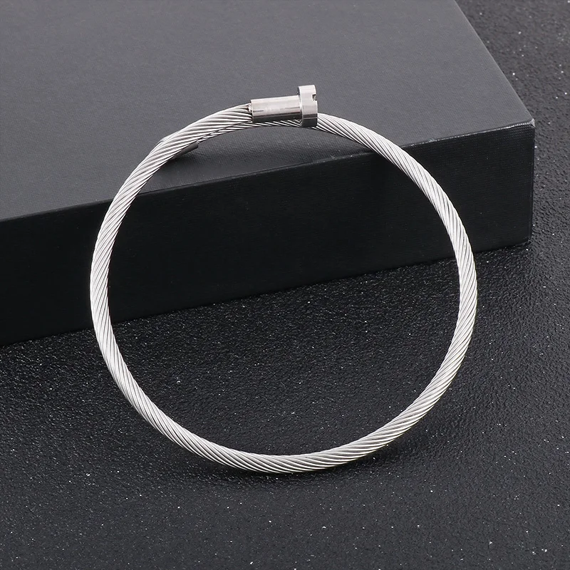 Unisex Fashion Silver/Gold Color Stainless Steel Strand Nail Charm Bangle For Men Women Punk Simple Hand Party Jewelry Gifts