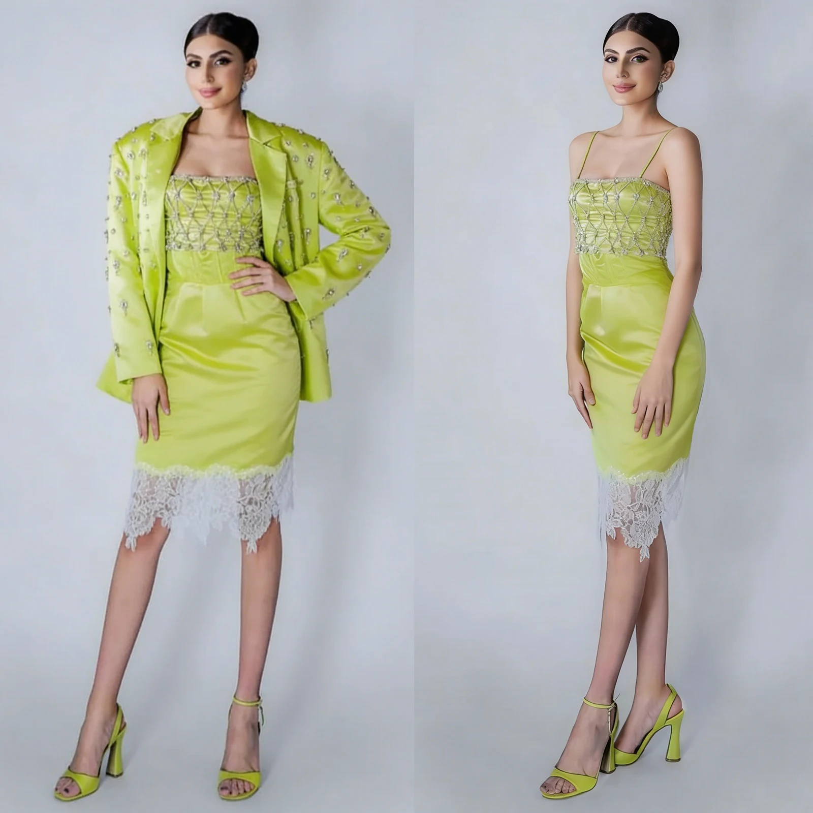 Fresh Green Pearl Beaded Women Dress Suit 2 Pieces Sheath Spaghetti Wedding Guest Mother Dress Customized Crystal Blazer Outfit