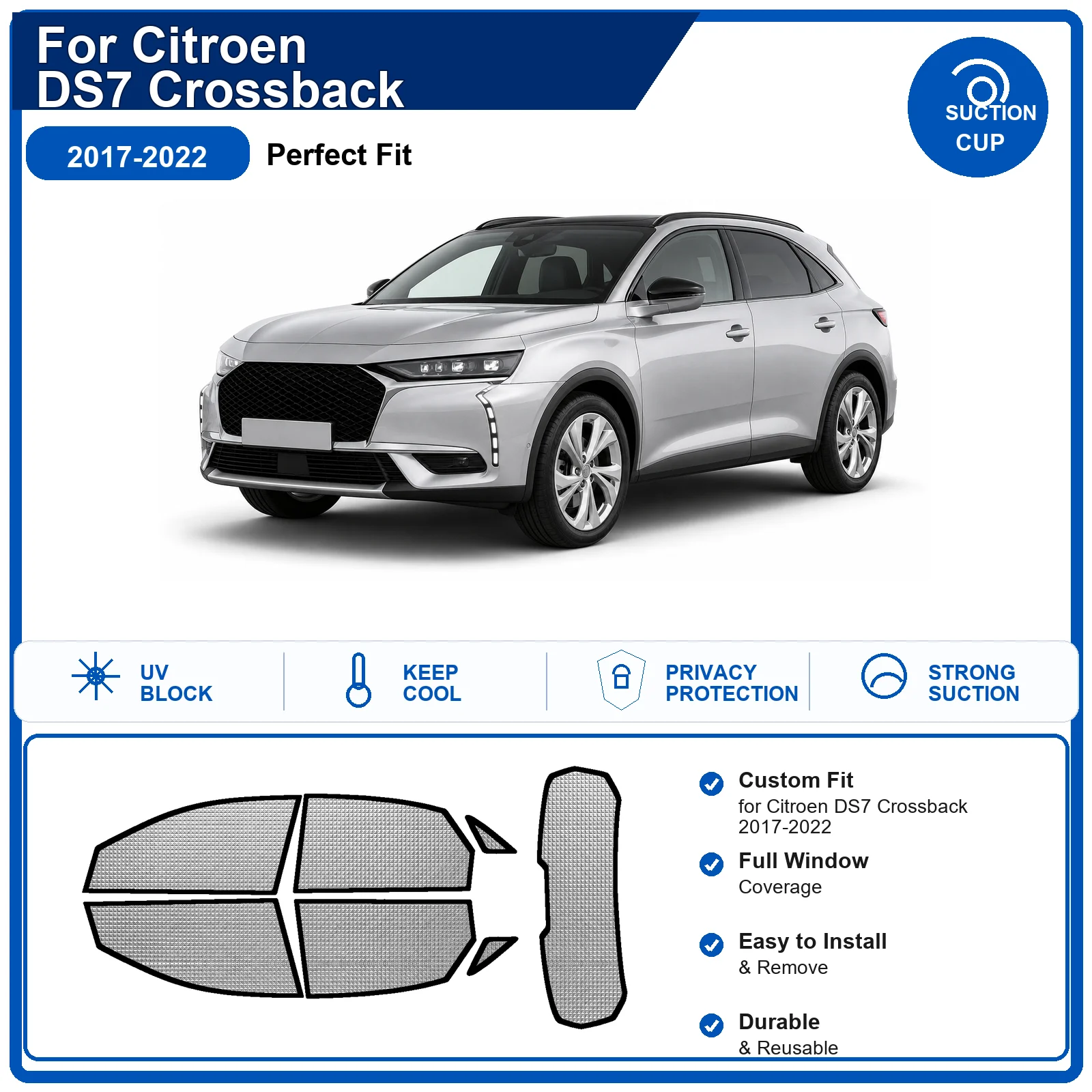 For Citroen DS7 Crossback 2017-2022 Custom Full Set Windshield Sun Shade Aluminum Foil Heat Insulation Anti UV Foldable