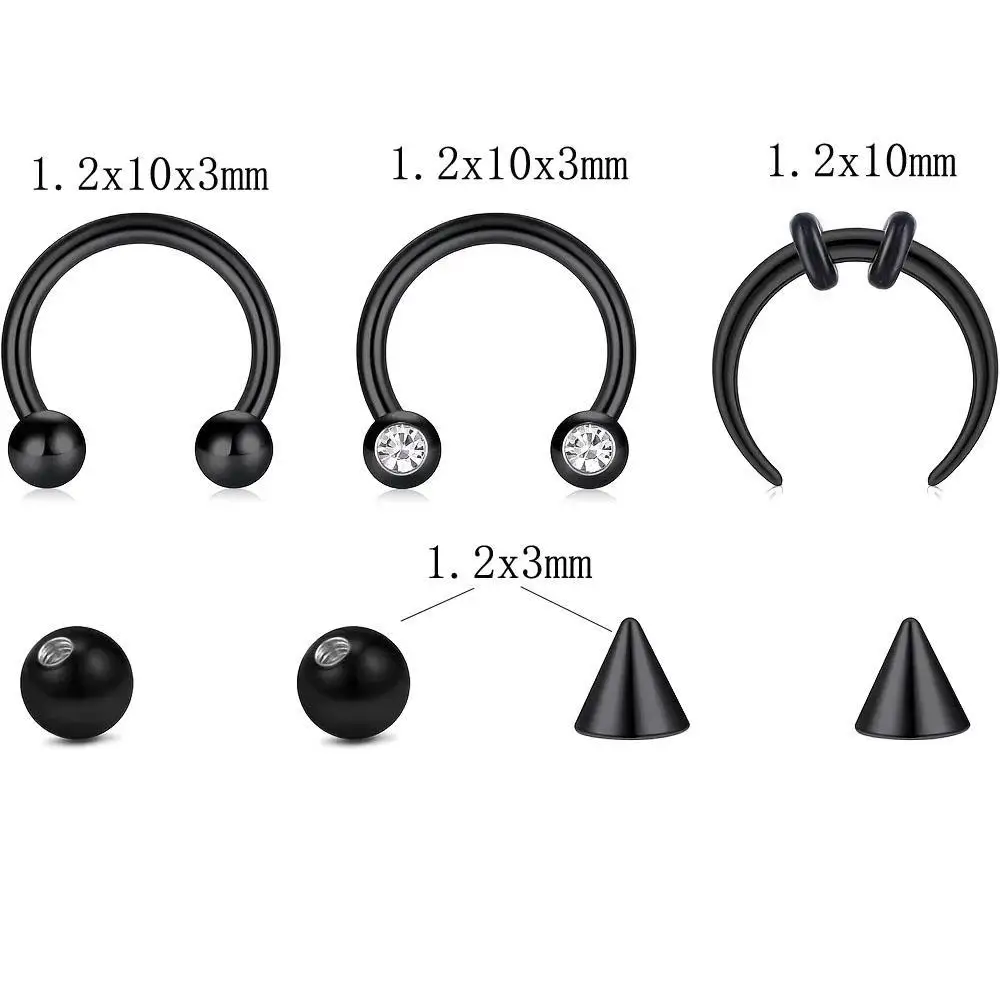 1/8pcs Set Mustache Septum Ring Stainless Steel Jewelry Piercing Replace Ball Set 16G Nose Lip Rings Fashion Cartilage Black