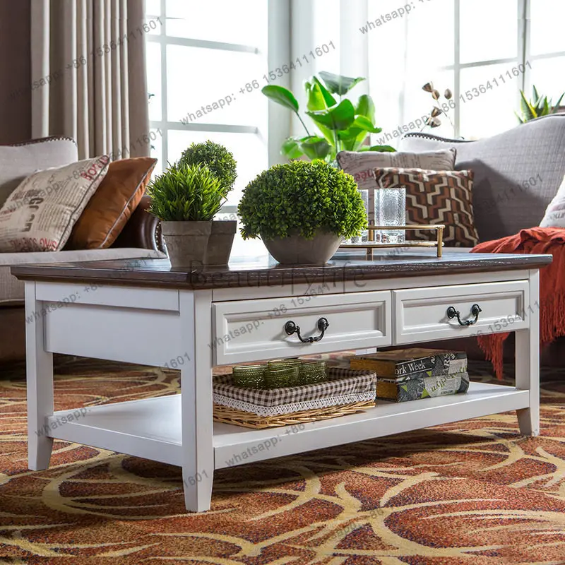 American light luxury white pastoral full solid wood coffee table TV cabinet combination rectangle