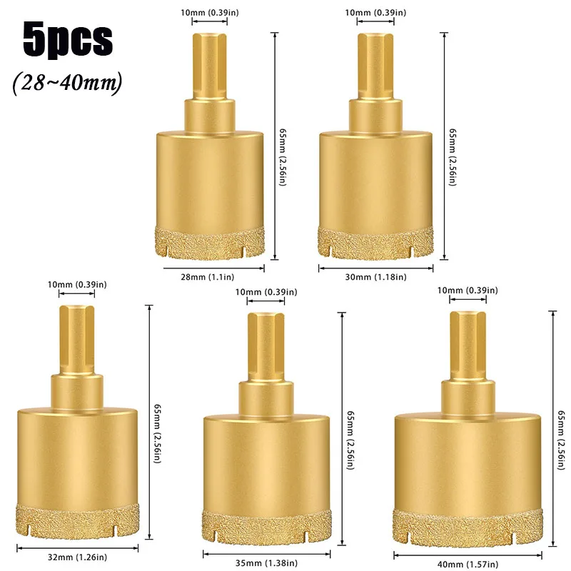 5pcs 28/30/32/35/40mmBrazed Tile Drill Bit Multi-functional Marble Vitrified Brick Granite Glass Drilling Dry Hole Opener