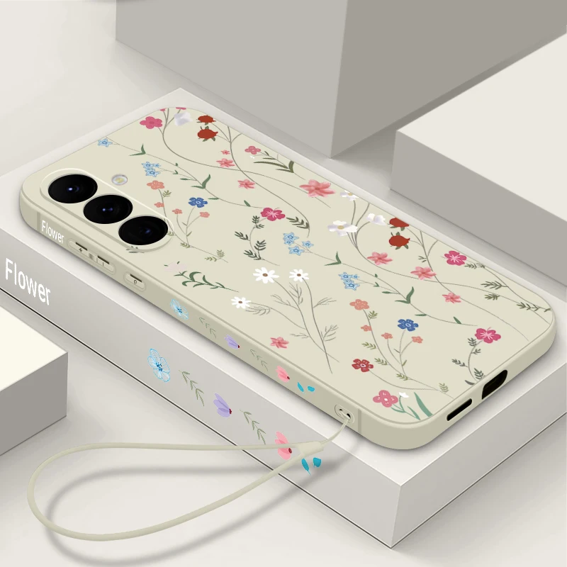 Small Flower Print Lanyard Phone Case For Samsung Galaxy S24 S25 FE S26 S25 S23 S22 Ultra A57 A17 A56 A16 A55 A15 A36 Soft Cover