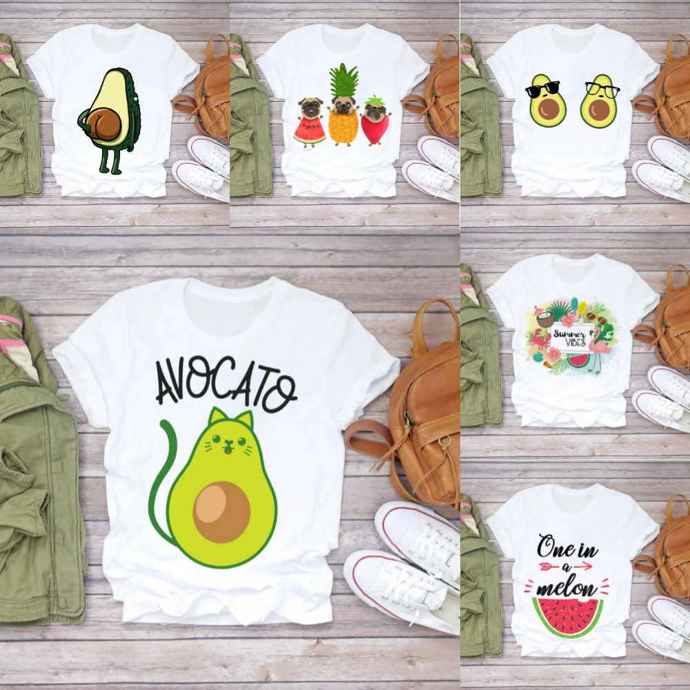 

Цветные футболки с фруктами из мультфильмов - футболки с авокадо и ананасом, повседневная футболка больших размеров, повседневная уличная одежда, женские повседневные топы