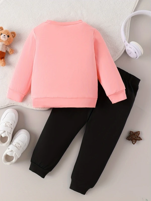 Toddler 2-Piece Outfit | Pink & Black Double Heart Print Long Sleeve Top + Pants | Spring Autumn Kids Clothing Set