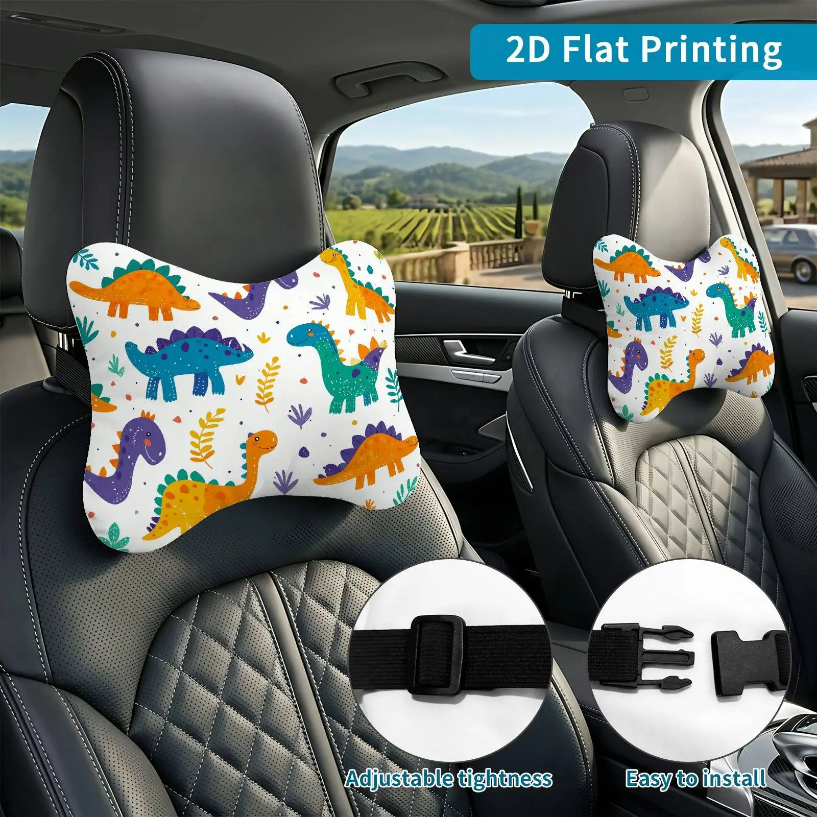 2pcs Dinosaurs Colorful Pattern Car Seat Headrest, Neck Support Cushion, Suitable For All Seasons Of Car Additions, Dinosaurs Th