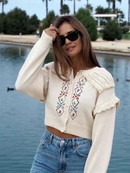 HH TRAF Woman Autumn Knitting Crop Cardigans Embroidery Elegant O-neck Long Sleeves Single-Breasted Sweater Female Fashion Tops