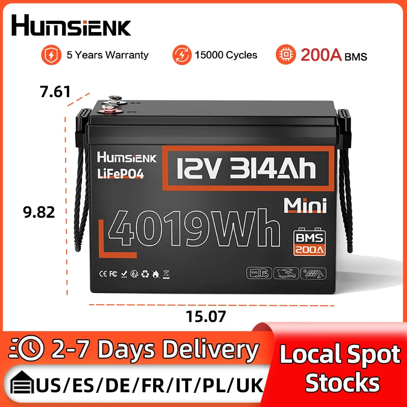 HumsiENK 12V 314Ah LiFePO4 Lithium Battery 200A BMS 15000 Cycles Off-grid/RV/Camp/Marine/Energy Storage/2-Year Warranty/UL 1973