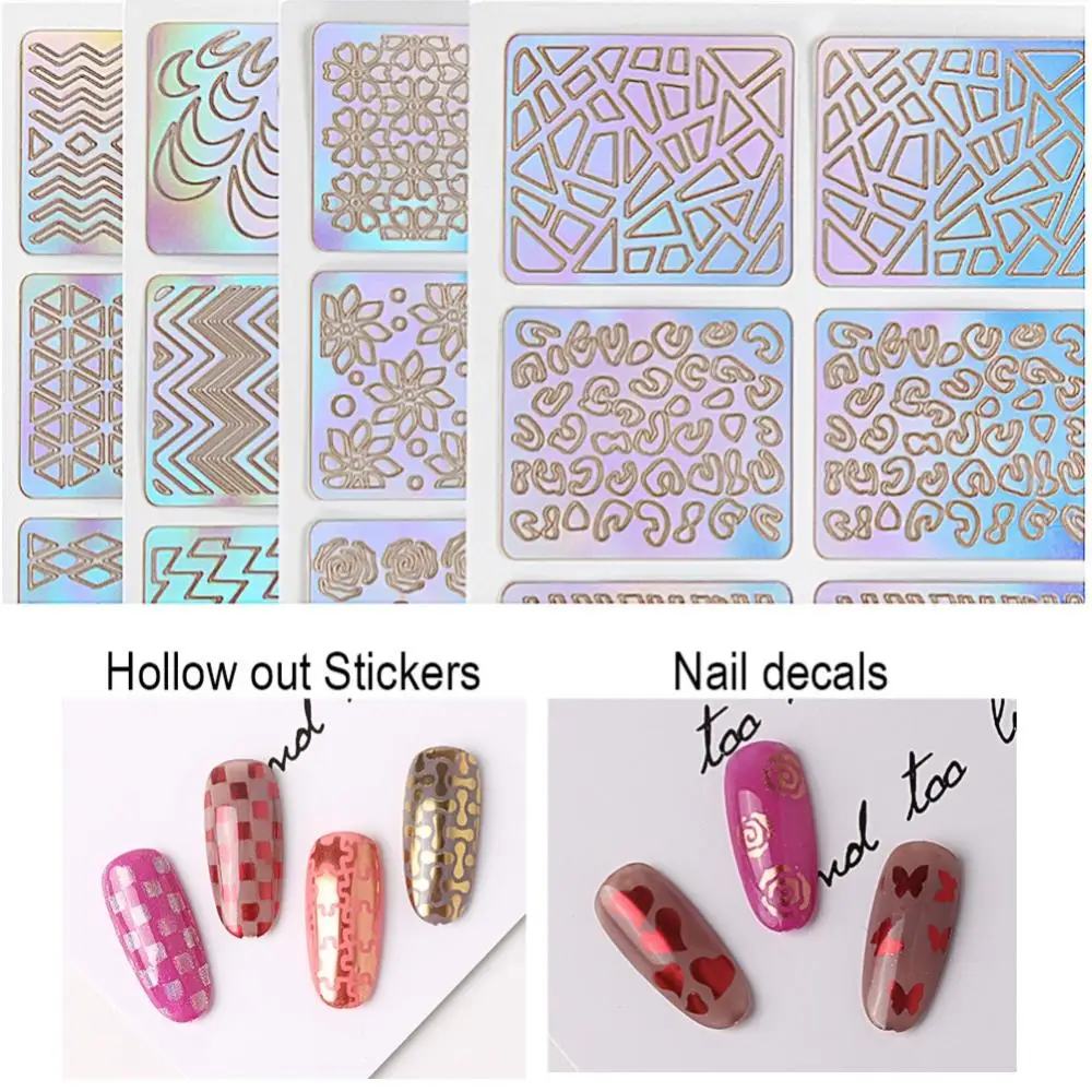 24Pcs/Set Stamping Nail Art Hollow Templates Airbrush Stencils Stickers,Laser Silver Stamp Plates Guide Manicure Tools