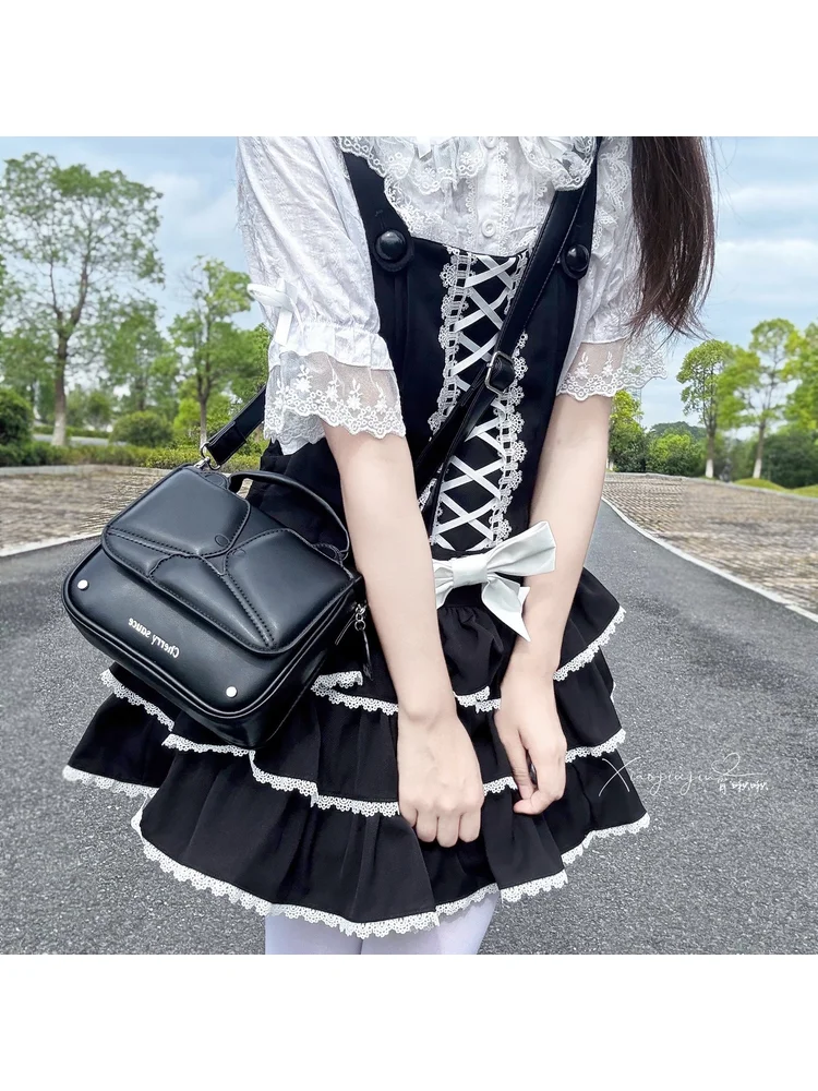 

Japanese Style Minimalist Campus Girls Lolita Bag Black Sweet Bear Hug Cute Bow Love Solid Color Pu Jk Uniform Shoulder Bag