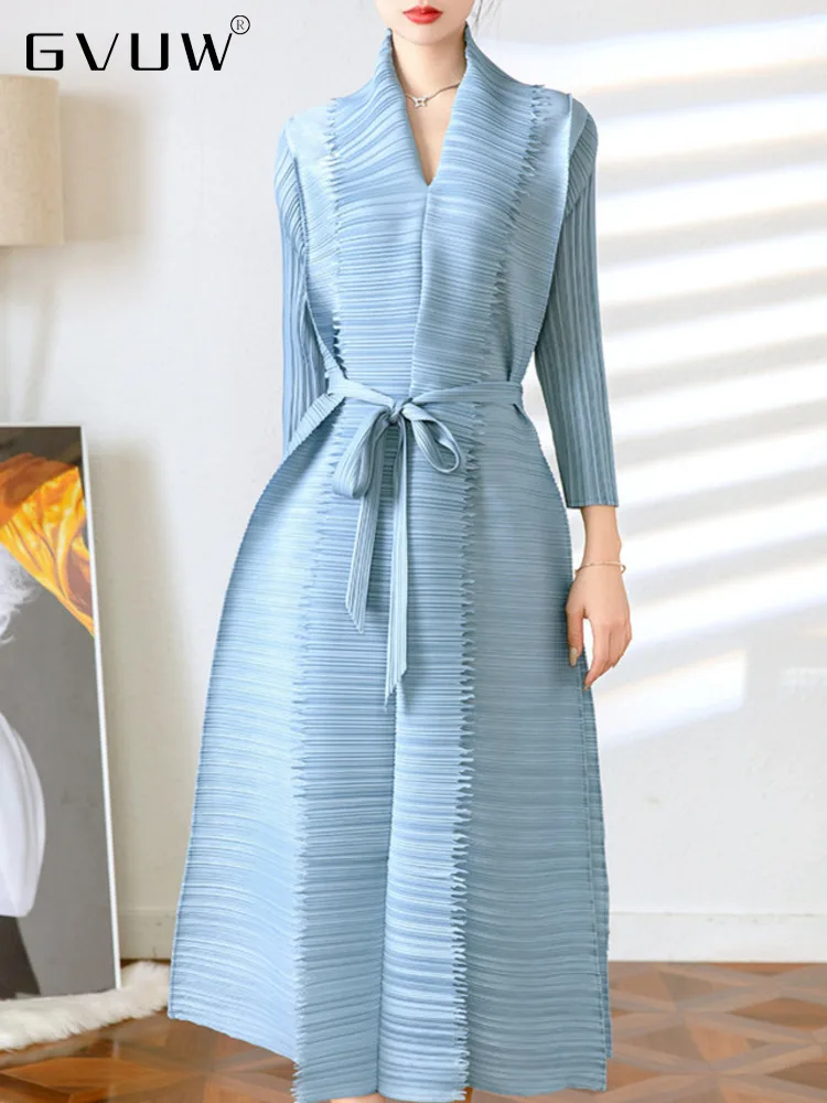 GVUW Women Pleated Dress Midi Lapel Belt High Elastic Long Sleeve Dresses Casual Style Female 2024 New Autumn Fashion 17D1410