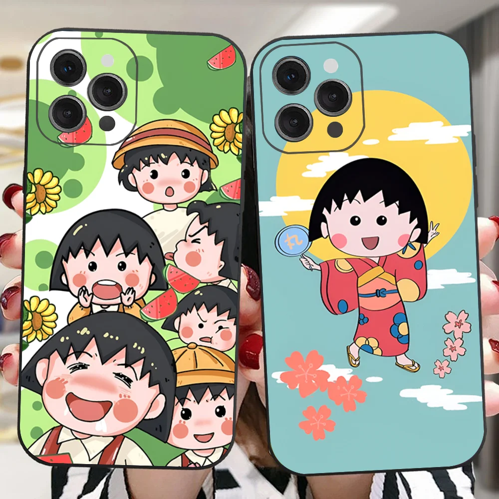 Catoon Chibi Maruko Chan Phone Case For IPhone 16 15 14 13 Pro Max 11 12 Mini X Xs XR Se 2022 Black Silicone Cover