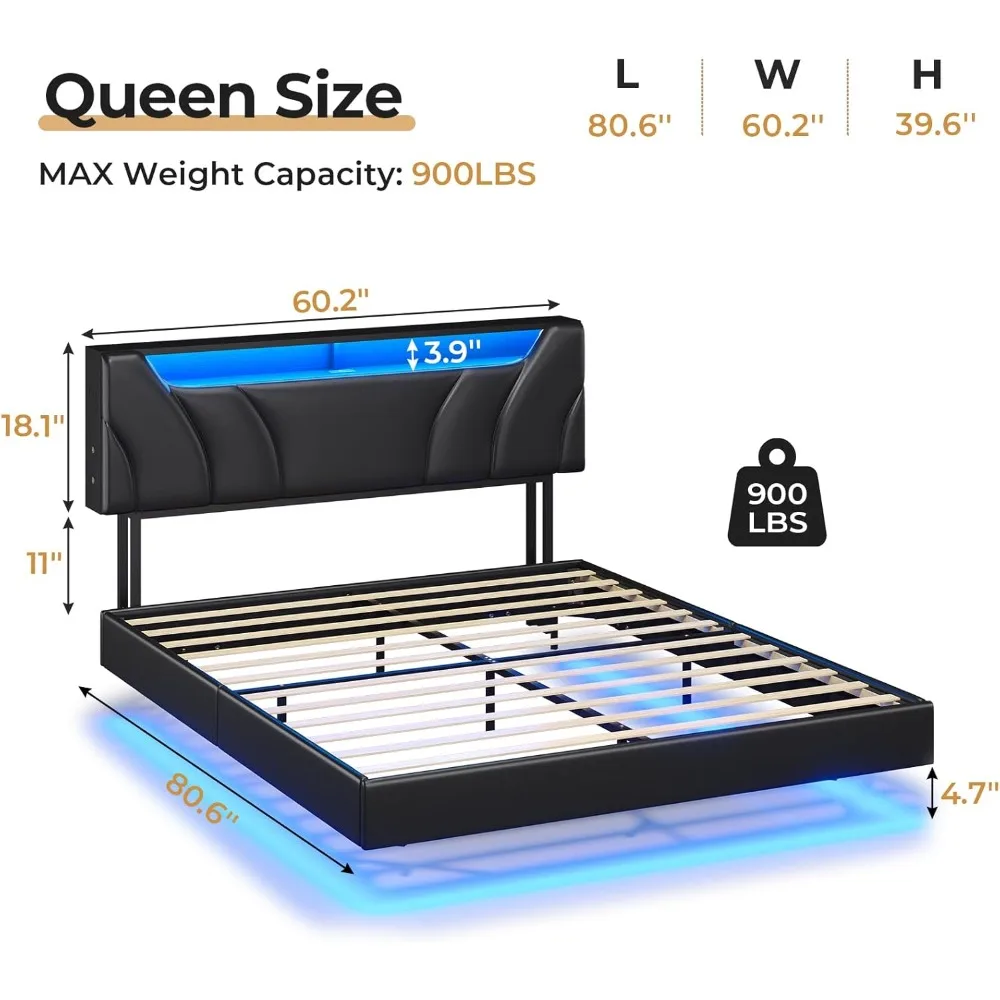 DICTAC Queen Floating Bed Frame with Storage Headboard and LED Lights Queen Size Visual Floating LED Bed Frame with Type-C & USB