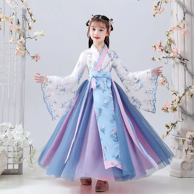 New Retro Girls' Chinese Hanfu Dress Vintage Kids Embroider Flower Hanfu Tang Suit Elegent Children Birthday Dress Costume Girls