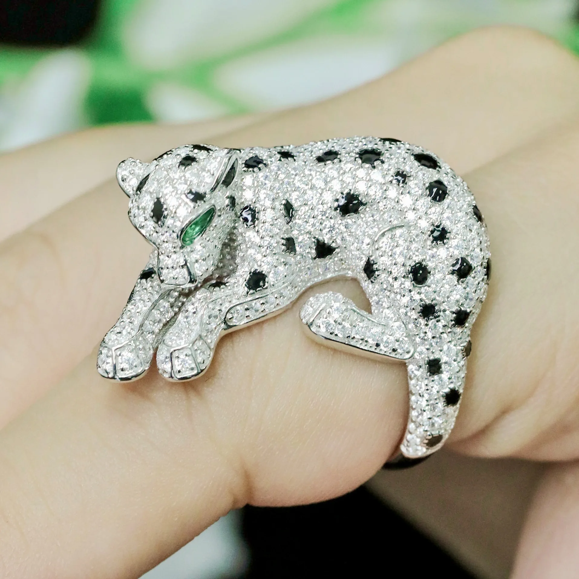 ARIGAYA Big 925 Sterling Silver Black Enamel Spots High Carbon Diamond Leopard Panther Rings For Women or Men Luxury Jewelry