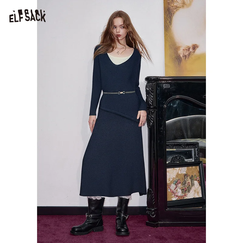

ELFSACK 2025 Winter New Arrivals Casual Elegant V-Neck Bodycon Long Dress Set For Woman