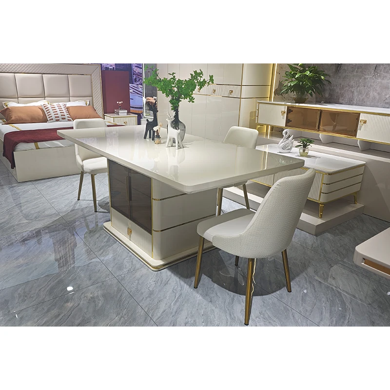 Luxury White Wooden Dining Table Set 4 Chairs Household Furniture Dining Room 6 Seats Luxury Wooden Dining Table