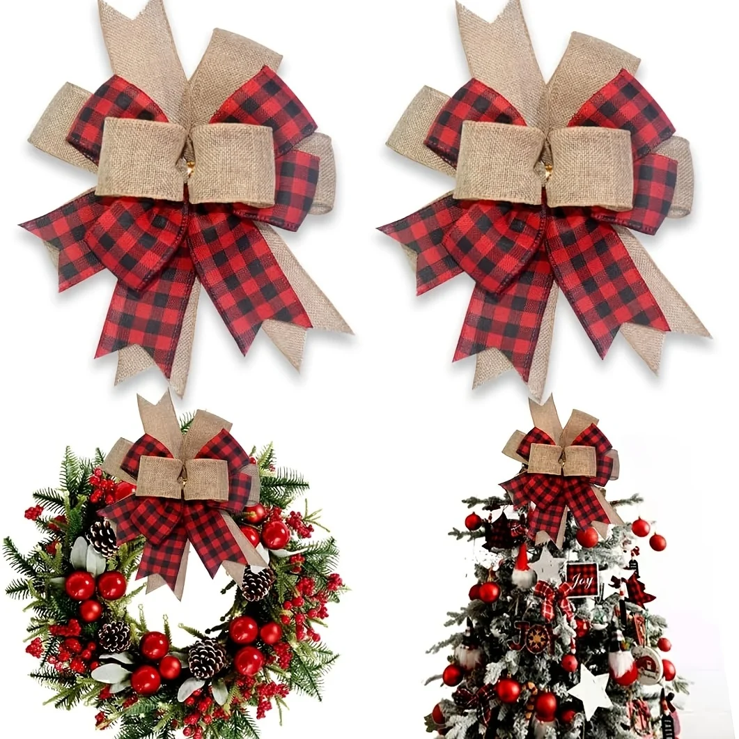 2pcs Linen Christmas Bow Plaid Webbing Stitching  Merry  Decorations For Home Xmas Ornaments