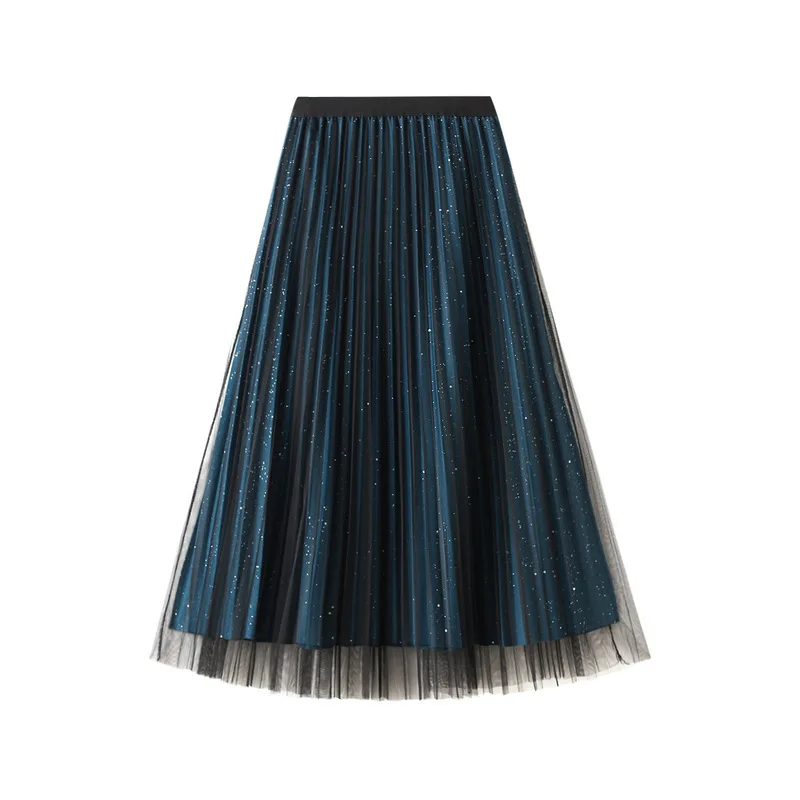 

Blue Sequined Tulle Skirts Women 2022 Autumn Winter Shiny Bright Side Skirt Female Midi Long Pleated Skirt Jupe Longue