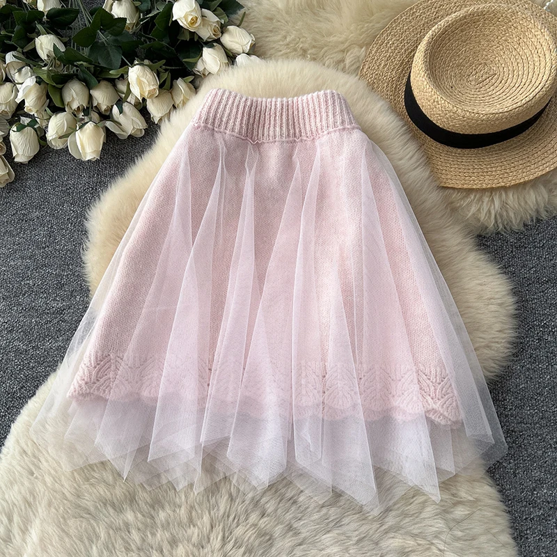 Women's Skirt Korean Style Mesh Knit Patchwork Tulle Mini Sexy Skirt Beading High Waist A-Line Pleated Fall Spring Faldas SK154