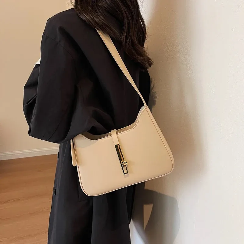 Fashion Luxury Shoulder Bag Women 2024 New Solid Color PU Leather Simple Handbag Lady Casual Vintage Black White Underarm Bags