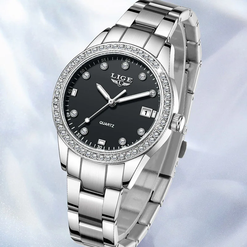 Reloj de pulsera de cuarzo LIGE para mujer, reloj luminoso de acero inoxidable, reloj de moda resistente al agua para mujer, reloj de mujer + CAJA