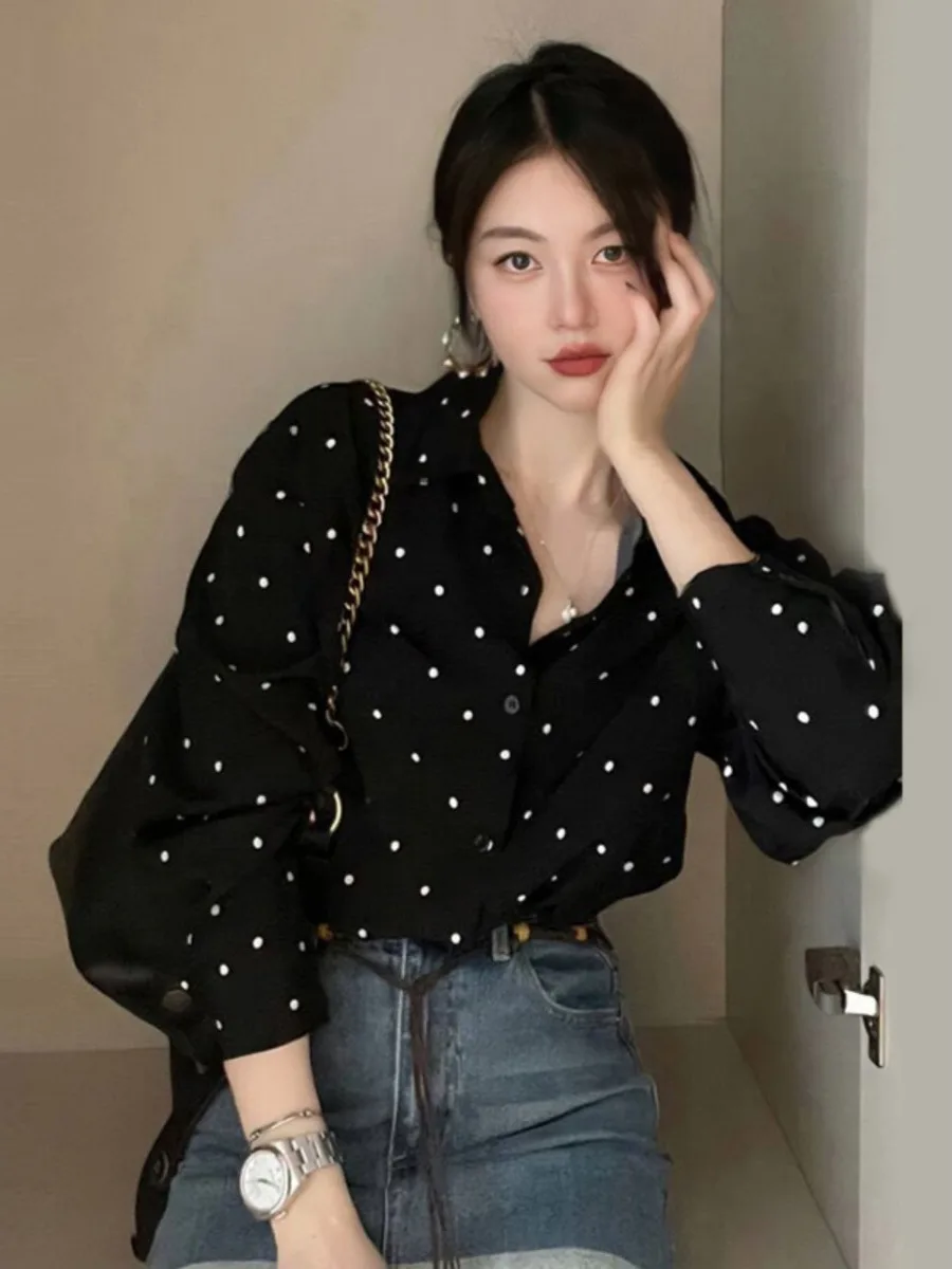 Black Polka Dot Long Sleeve Shirt Women Early Autumn New Design Sensation Korean Style Elegant Top Vintage Retro Style