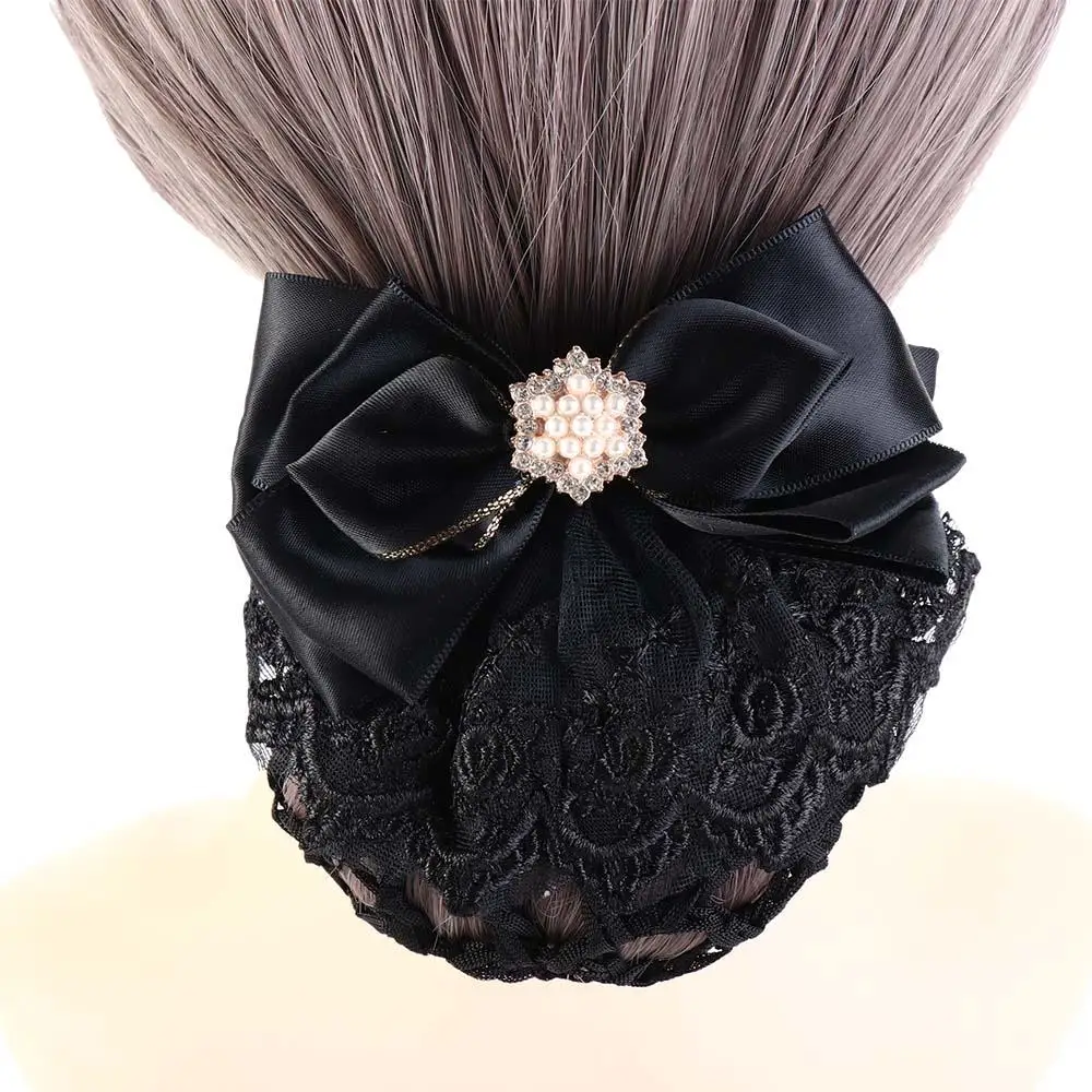 Elegant Pearl Bowknot Spring Clip Ribbon Korean Style Hair Net Cover Headwear Rhinestone Bun Snood Bank - view 2