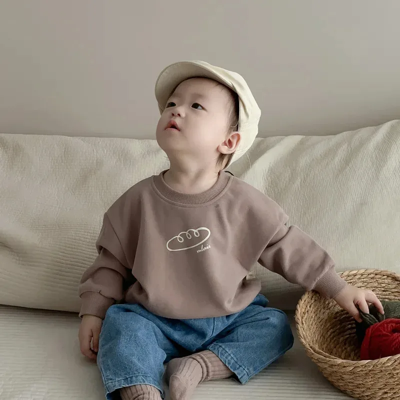 

Autumn Ins Infant Bread Simple Print Long Sleeves Sweatshirt Boy Children Loose Solid Casual Jeans Girl Baby Cotton Plaid Pants
