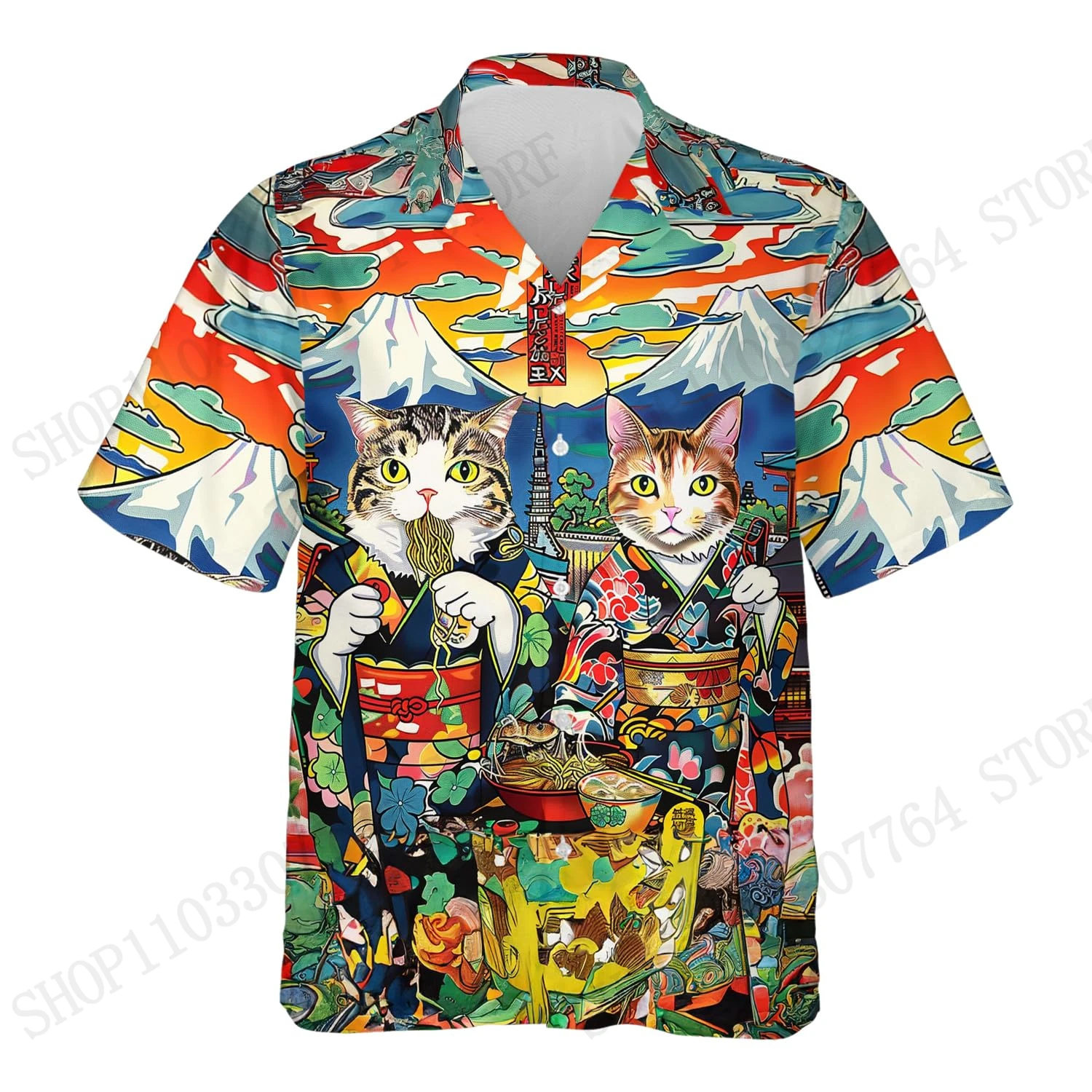 

Японская гавайская рубашка с узором Mount Fuji, рубашки с 3D принтом кота для мужчин и женщин, модная пляжная рубашка с коротким рукавом, блузка, мужская одежда