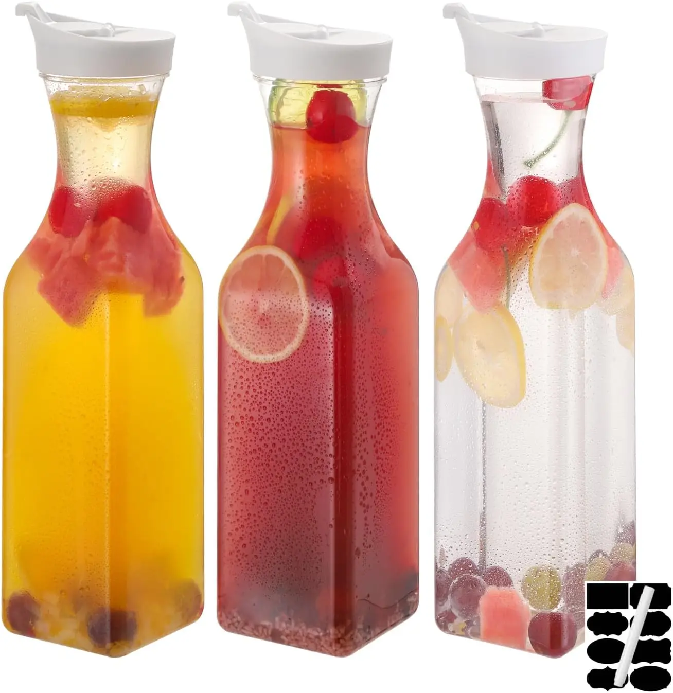 3pcs 1.5 L Plastic Water Carafe with Flip Top Lid, Square Base Juice Containers, Bar Supplies Pitcher for Drinks, Tea, Milk