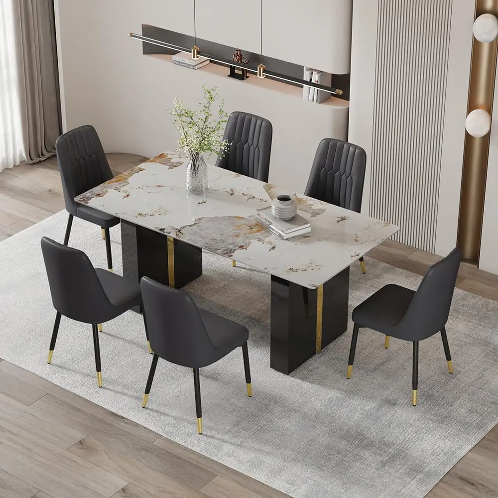 

Dining Room Table Set For 6，Modern Dining Table Set For 6,Kitchen Faux Marble Table And PU Leather Chairs Set Of 6 For Kitchen