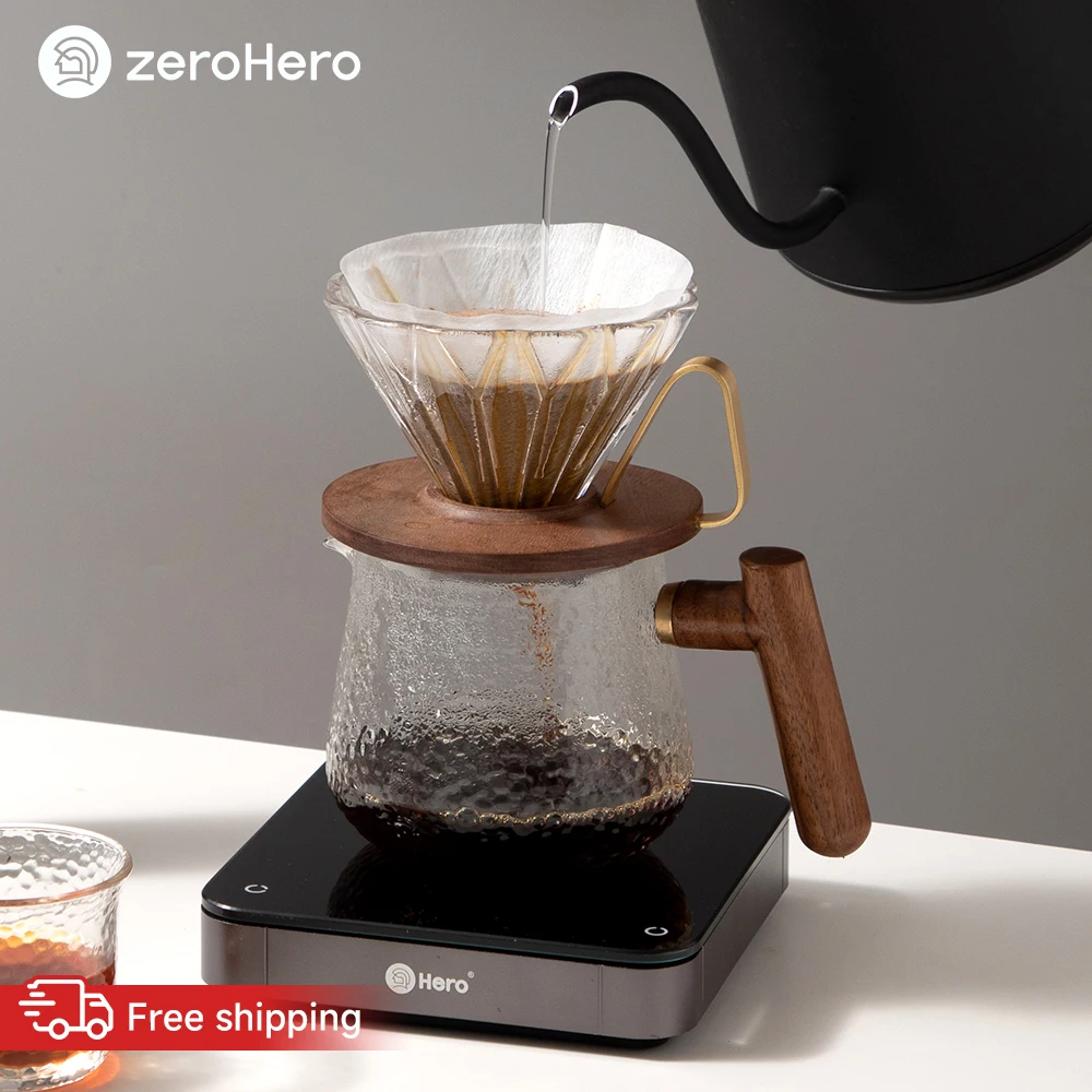 zeroHero Walnut Coffee Filter Dripper Heat-Safe Glass Brass Grip Food-Grade Silicone Pad 58-Degree Pour-Over Brewer for Home Use