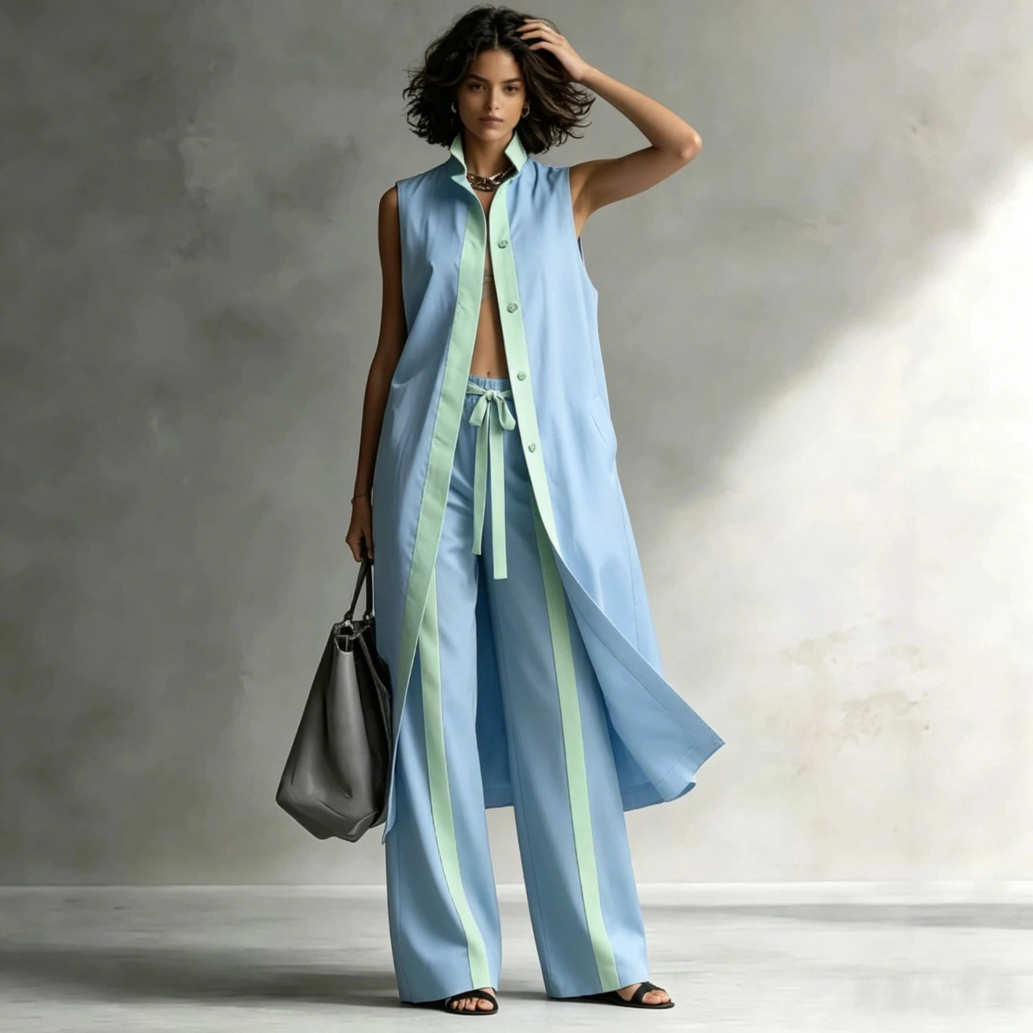 Fashion Vest Pants Two Piece Set Elegant Lapel Button Long Cardigan Top Wide Leg Pants Sets Summer New Loose 2 Piece Set Outfit