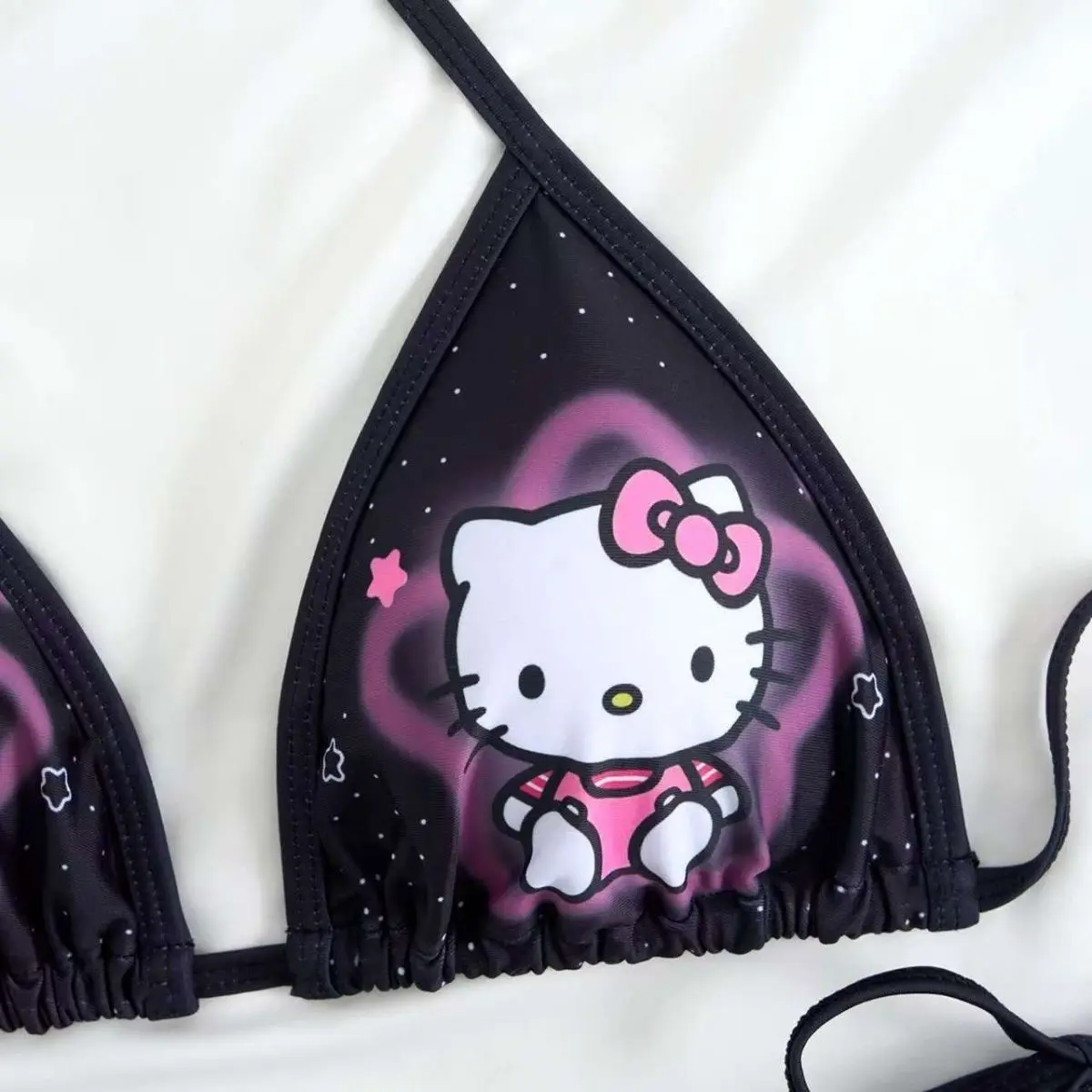 Summer New Style Y2K Kawaii Hello Kitty Halter Bikini, Black Star Print Tie Side Swimsuit, Cute Anime Bathing Suit for Summer