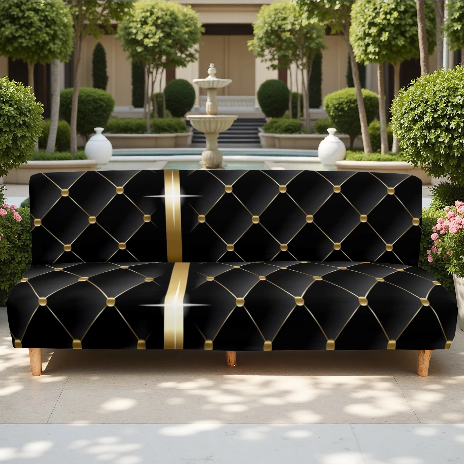 Luxury Black Gold Pattern Summer Outdoor Sofa Bed Cover, Elastic Stretch, Pet - Friendly, Washable Without D