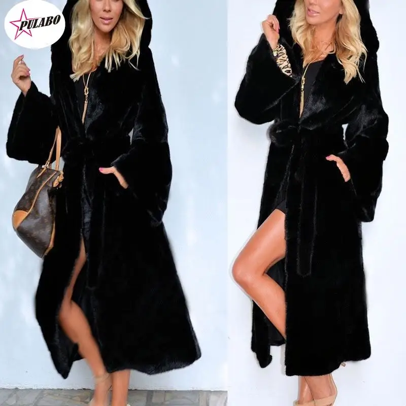 

PULABO Black Hooded Faux Fur Coat Winter Women Long Faux Fox Fur Jacket Fashion Coats Elegant Lady Warm Jackets