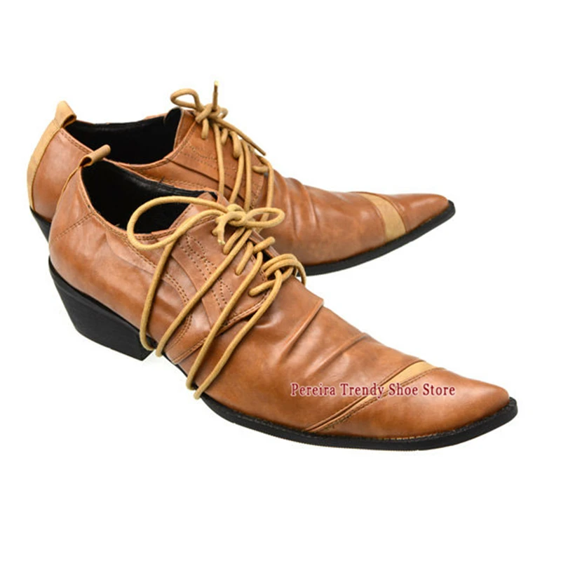 Men Retro Pointy Toe Derby Shoes British Style Wrinkled Leather Lace Up Casual Business Shoes Trendy Party Banquet Formal Shoes