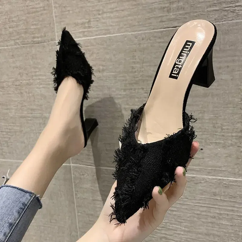 Indoor Outside Off White Shoes for Women Job Sandals Woman Slippers Mules Furry Heeled Sexy Pointed Toe Slides Wholesale W Eva F