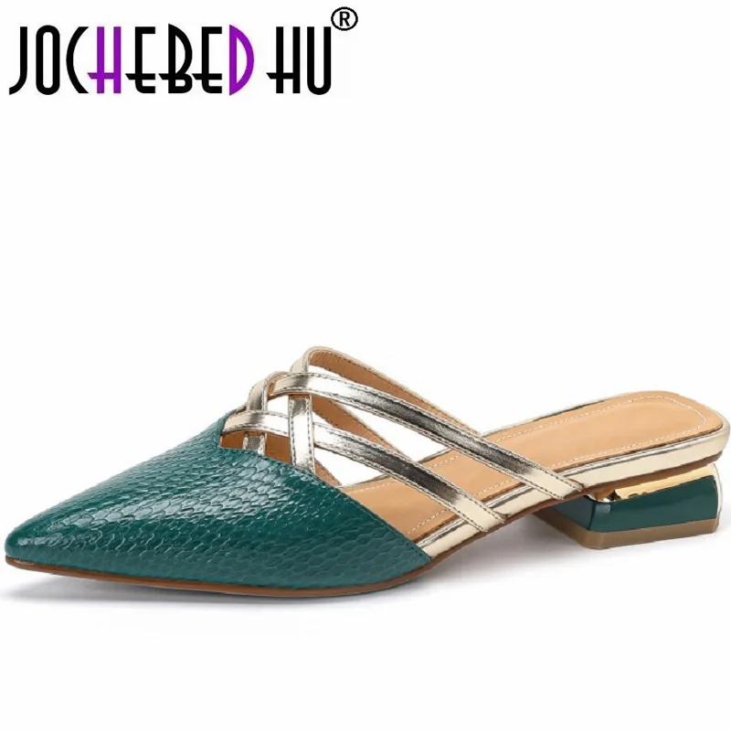 【JOCHEBED Hu】Summer Women Brand Genuine Leather Mules Shoes for Pointed Toe Slippers Chunky Heel Cover 34-40