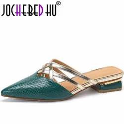 【JOCHEBED Hu】Summer Women Brand Genuine Leather Mules Shoes for Pointed Toe Slippers Chunky Heel Cover 34-40