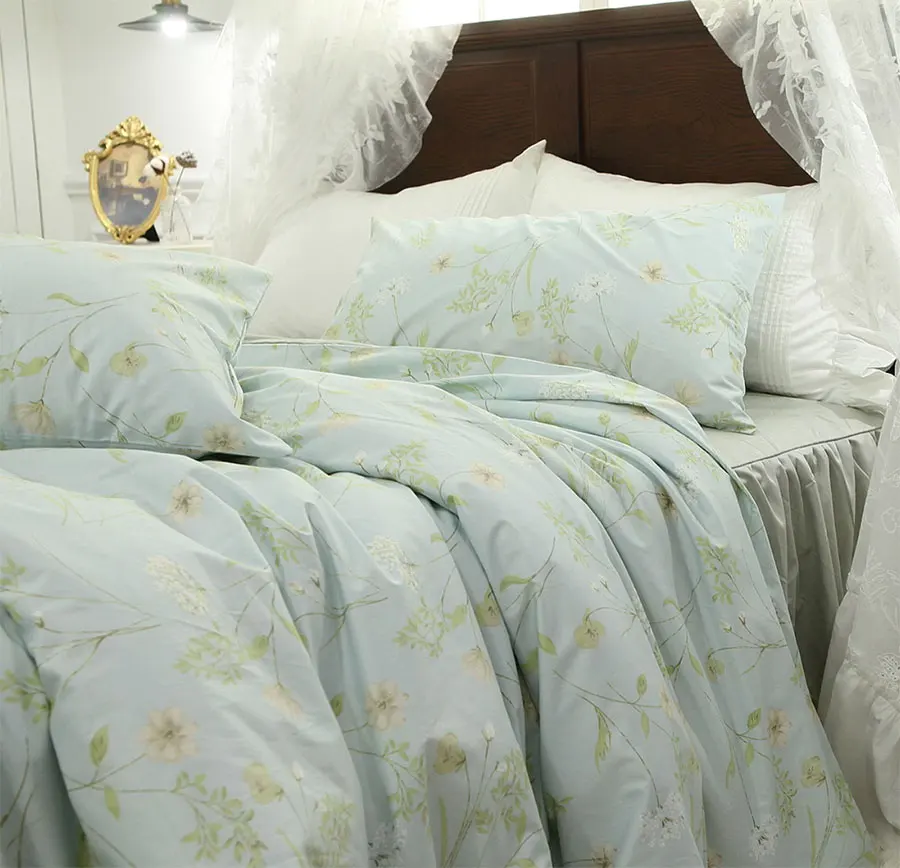 Fairyfair ruffle blue green bedding set,pastoral flower full queen king cotton home textile bedspread pillow case quilt cover