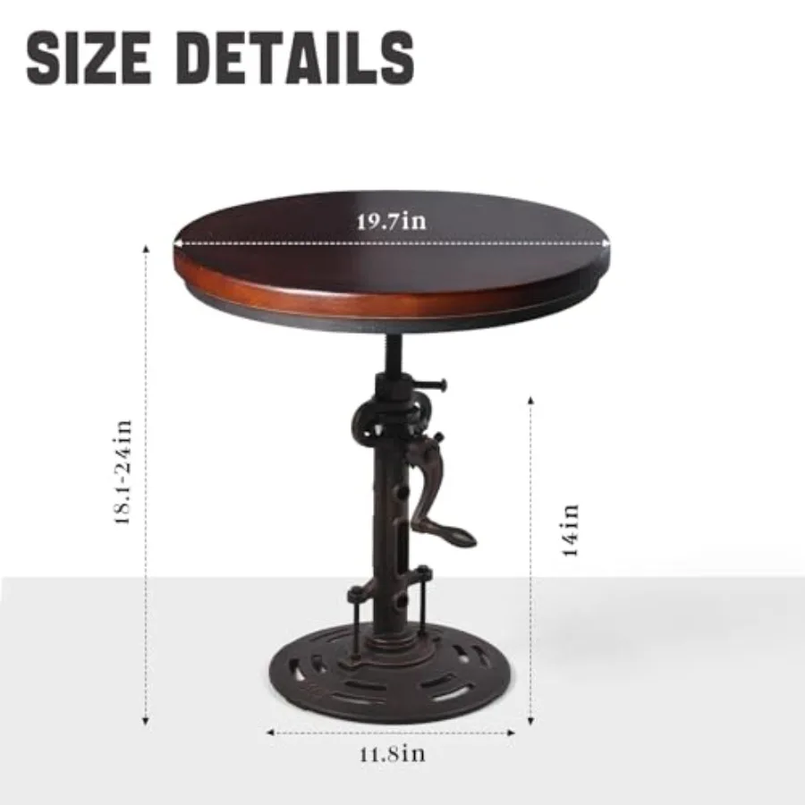Industrial Retro Side Table for Living Room, Black Walnut Wood Top with Copper Accents, Antique Mechanic Crank Height Adjustabl
